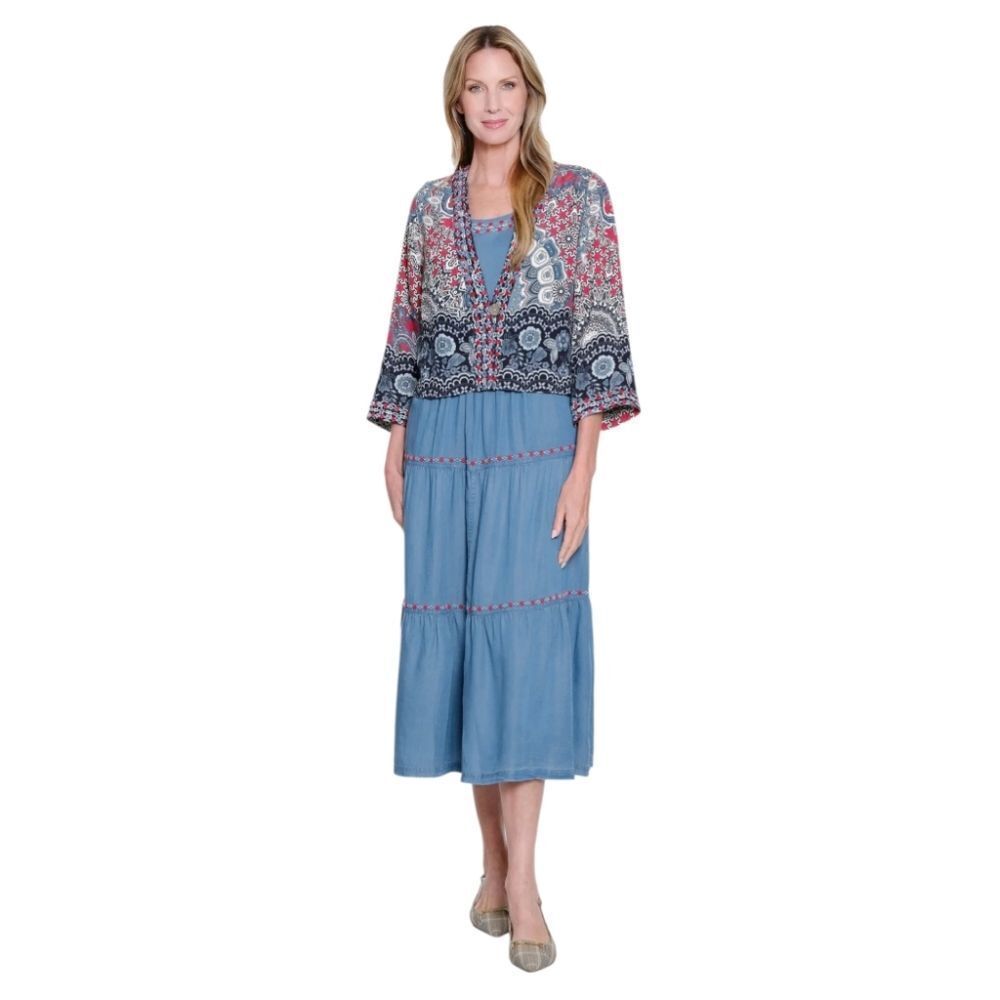 John Mark Sleeveless Tiered Dress & Printed Kimono Bolero Set Plus Size NEW